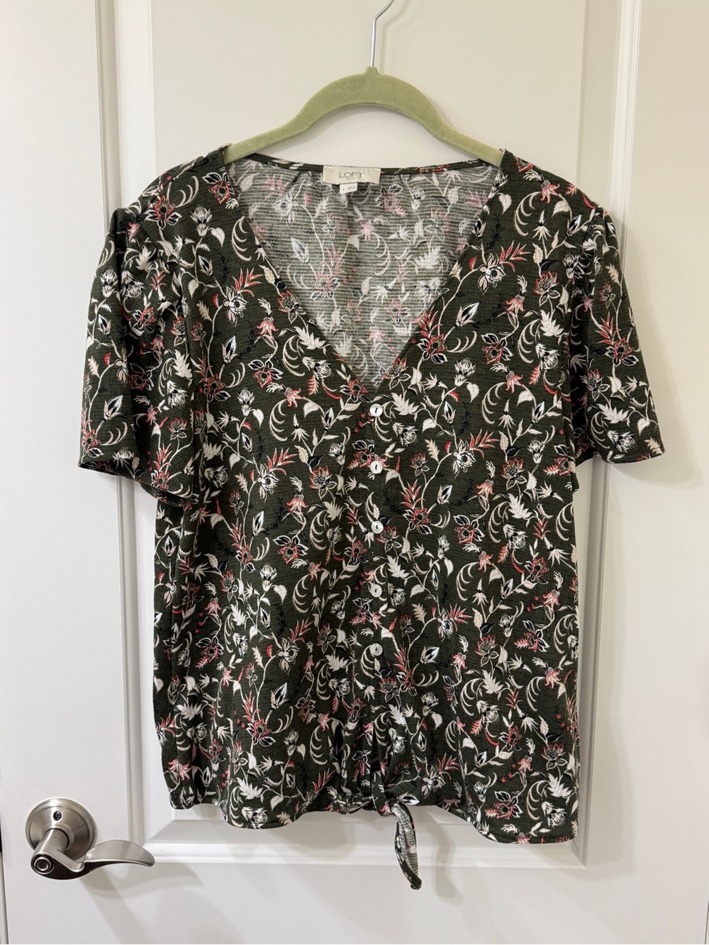 LOFT Olive Floral V-Neck Tie-Hem Blouse
